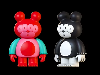 Two Cute Bear Shaped Dolls Red With Blue Arms And Black With White Belly 3d model