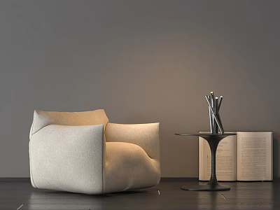 Beige Single Sofa With Side Table Metal Vase And Open Book Gray Wall Dark Floor 3d model