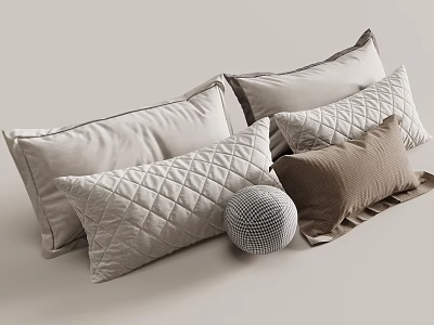 Neutral Toned Decorative Pillows With Quilted Patterns And Round Cushion For Home Decor 3d model