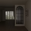 Arched Top Black Frame Textured Glass Screen in Interior with Framed Artworks and Window Curtains