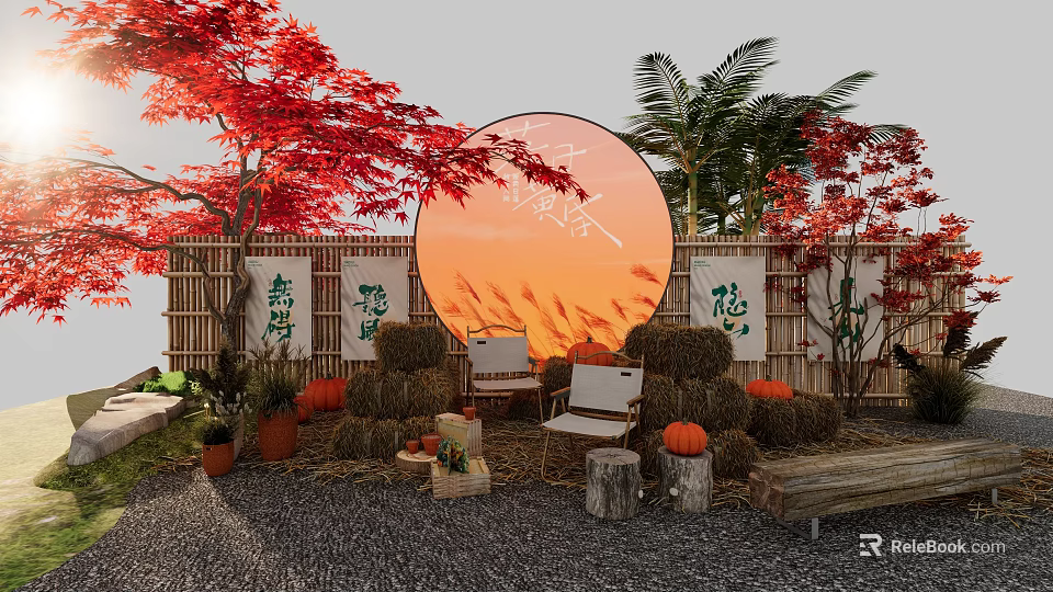 Scenic Campsite Featuring Red Maple Trees Palm Trees Hay Bales Pumpkins And Wooden Chairs 3d model 