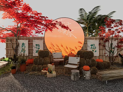 Scenic Campsite Featuring Red Maple Trees Palm Trees Hay Bales Pumpkins And Wooden Chairs 3d model