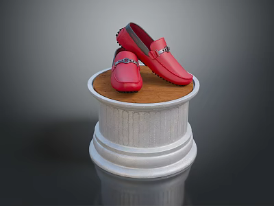 Red Loafers with Metallic Accents Displayed on White Pedestal with Wooden Top 3d model