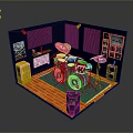 Professional Drum Set And Music Equipment In Blue Room With Orange Floor And Posters