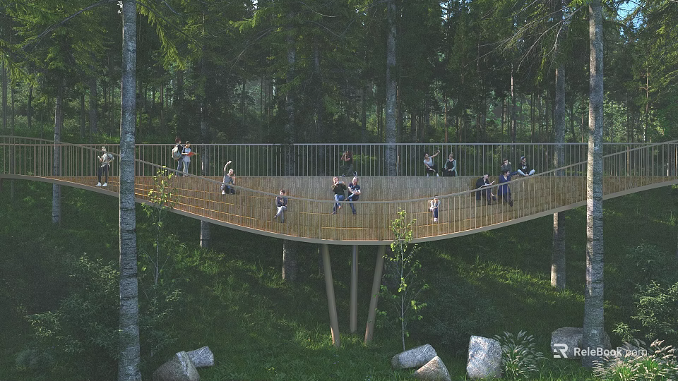 Garden Landscape Featuring Wooden Viewing Bridge In Forest People Walking Surrounding Trees Grass And Rocks 3d model 