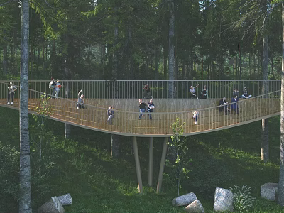 Garden Landscape Featuring Wooden Viewing Bridge In Forest People Walking Surrounding Trees Grass And Rocks 3d model