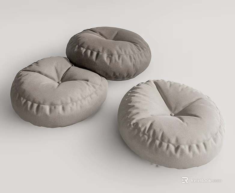 Three Gray Round Soft Padded Floor Cushions for Cozy Living Room Seating 3d model 