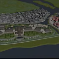 Aerial Planning of Traditional Building Complex with River Green Spaces Bridges and Surrounding Scenery