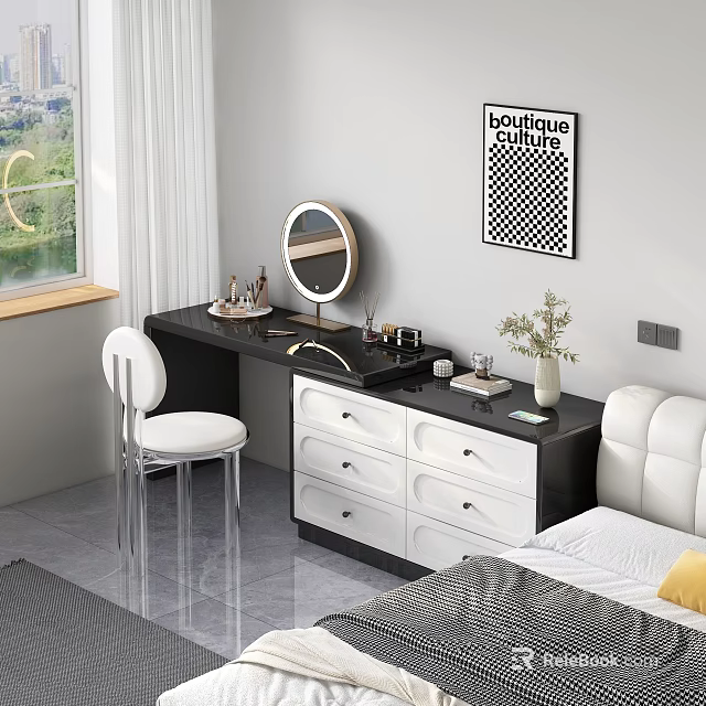 Modern Black And White Dressing Table With Round Mirror White Chair And Cosmetics 3d model 