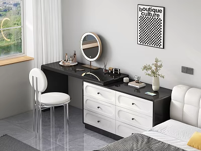 Modern Black And White Dressing Table With Round Mirror White Chair And Cosmetics 3d model