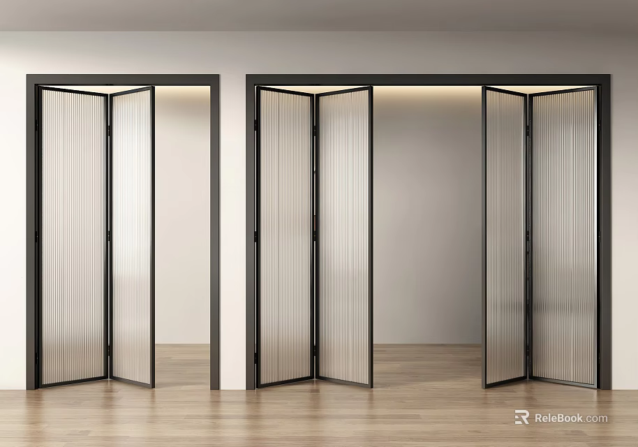 Modern Folding Doors With Ribbed Glass And Black Frames For Interior Space 3d model 