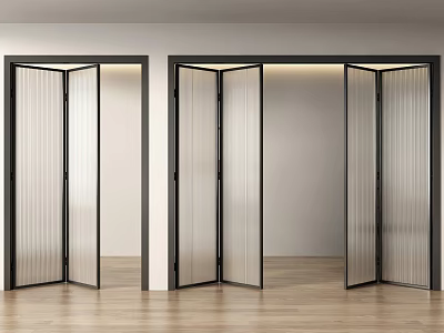 Modern Folding Doors With Ribbed Glass And Black Frames For Interior Space 3d model
