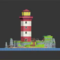 Red And White Striped Lighthouse Model On Island With Green Area Small Bridge And Water
