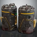 Two Aged Mechanical Devices With Worn Metal Structure Yellow Stripes And Green Details