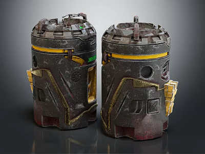 Two Aged Mechanical Devices With Worn Metal Structure Yellow Stripes And Green Details 3d model