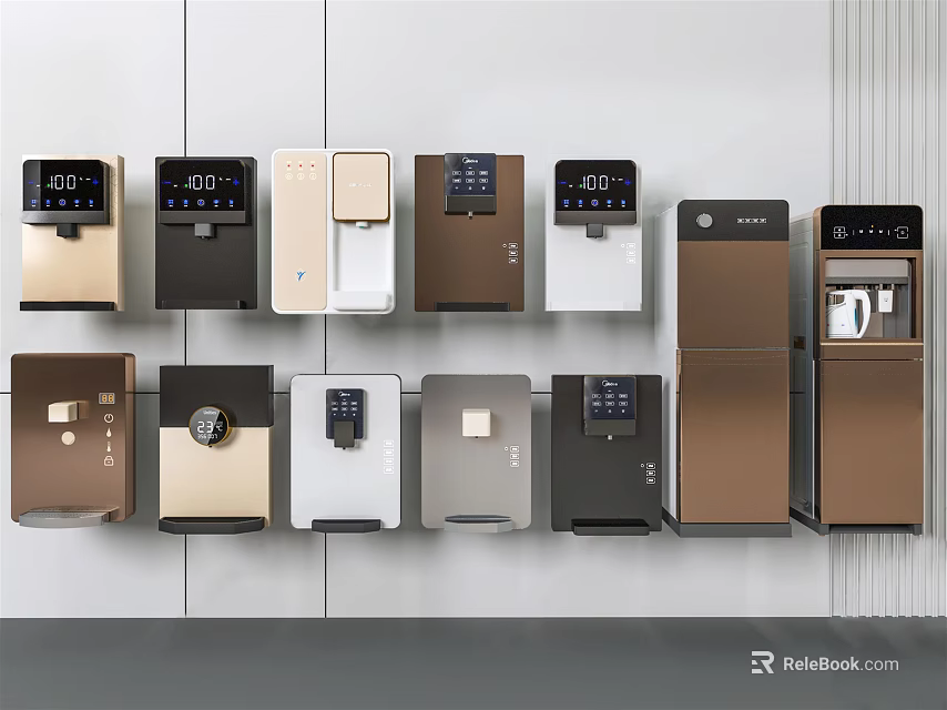 Daily Electrical Appliances Modern Water Dispensers Various Colors And Designs Displayed On The Wall 3d model 
