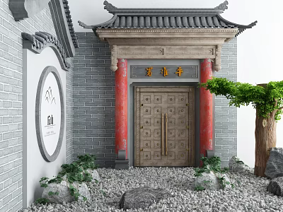 Traditional Chinese Entrance Gate Featuring Red Pillars Wooden Door Gray Brick Walls and Green Plants 3d model