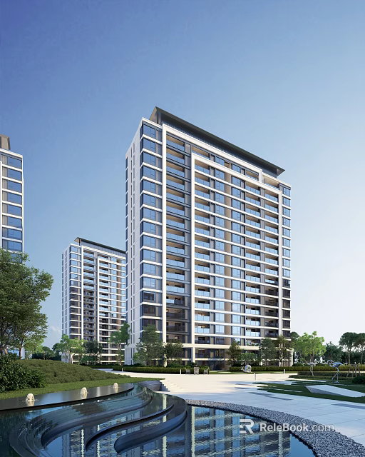 Modern High Rise Residential Building With Glass Facade And Balconies In Green Surroundings 3d model 