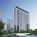 Modern High Rise Residential Building With Glass Facade And Balconies In Green Surroundings