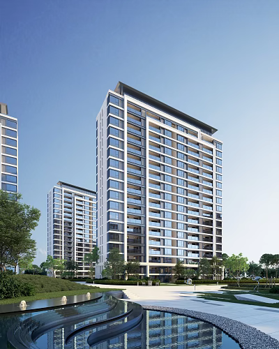 Modern High Rise Residential Building With Glass Facade And Balconies In Green Surroundings 3d model