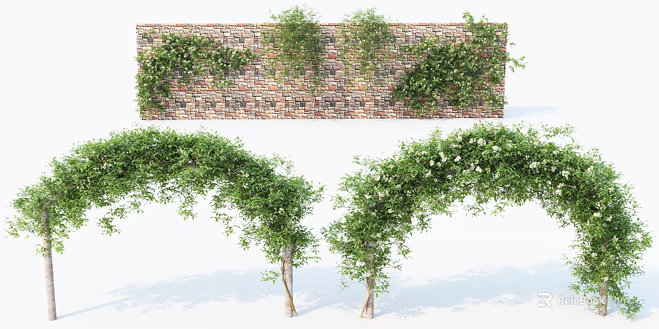 Charming Garden Decor With Brick Wall Covered In Green Vines And Vine Arches 3d model 