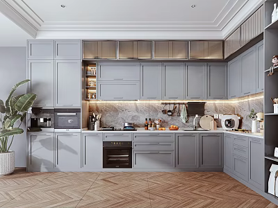 Modern Open Kitchen Interior Design With Island Counter Cabinets And Appliances 3d model
