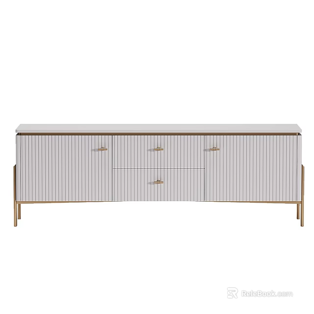 Modern TV Stand With Striped Panels Drawers And Golden Metal Legs 3d model 