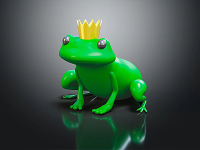 Green Frog Wearing Golden Crown On Black Reflective Surface With Shiny Skin And Realistic Eyes 3d model