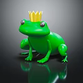 Green Frog Wearing Golden Crown On Black Reflective Surface With Shiny Skin And Realistic Eyes