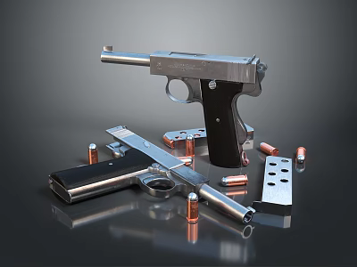 Vintage Silver Metal Pistol With Magazine Bullets And Spare Parts 3d model