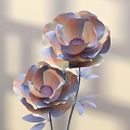 Decorative Floral Installation With Large Flowers Metallic Stems Leaves White Base Light Shadow Background