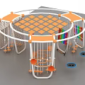 Commercial Playground Structure With Circular Design Orange Platforms Grid Climbing Net And Hanging Swings