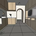 Public Restroom Interior Design With Wooden Cabinets Multiple Sinks Round Mirrors And Ceiling Lights