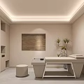 Elegant Modern Beauty Salon Interior With Beige Marble Massage Bed Storage Cabinets And Green Plants