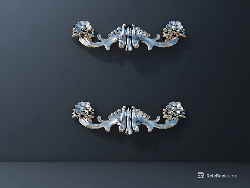Elegant Silver Floral Carved Decorative Handles On Dark Wall Background 3d model 