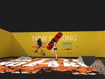 Two People Skateboarding At Indoor Skate Park With Yellow Wall 3d model