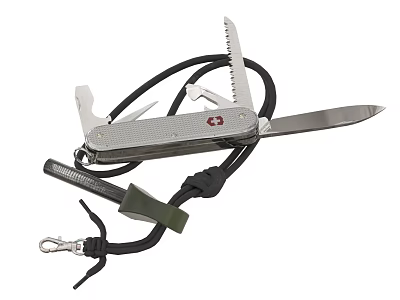 Silver multi tool weapon with multiple tools blades and black lanyard design 3d model
