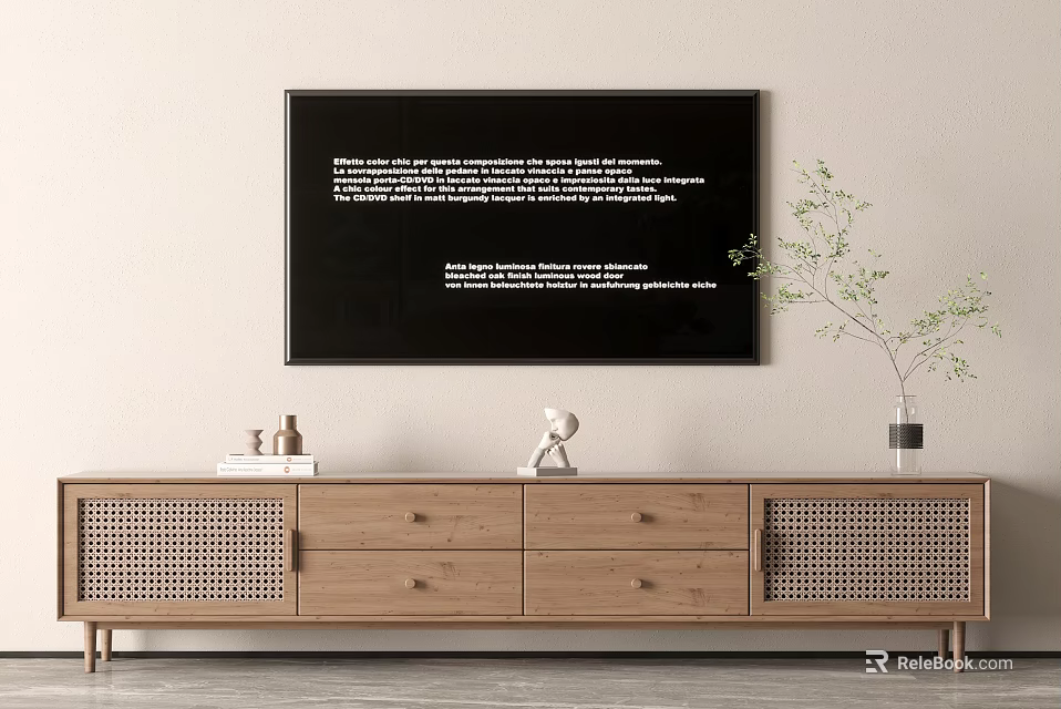 Wooden TV Stand With Drawers Woven Panels Decorations Books Potted Plant And Black Wall Frame 3d model 