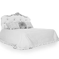 Elegant Light Colored Double Bed With Carved Headboard Frilled Bedspread And Decorative Pillows