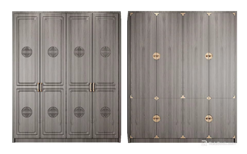 Chinese Style Wooden Wardrobe Design With Circular Patterns And Metal Hardware 3d model