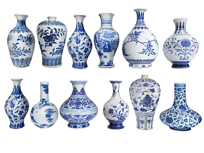 Blue And White Ceramic Vases With Traditional Floral Patterns For Home Decor 3d model