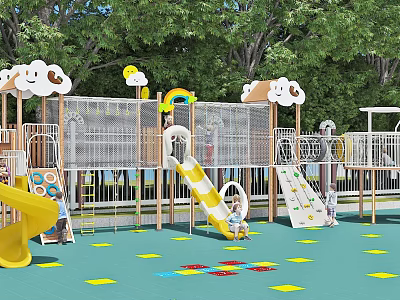 Vibrant Kindergarten Playground With Slide Rainbow Cloud Decorations Colorful Floor And Children Playing 3d model
