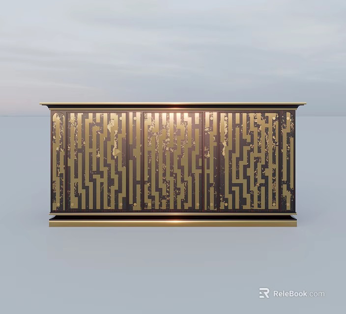 Modern Entryway Cabinet Sideboard With Golden Geometric Pattern And Dark Finish 3d model 