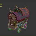 Cartoon Scene Featuring Wooden Carriage with Arched Roof Colorful Fabric and Decorative Patterns