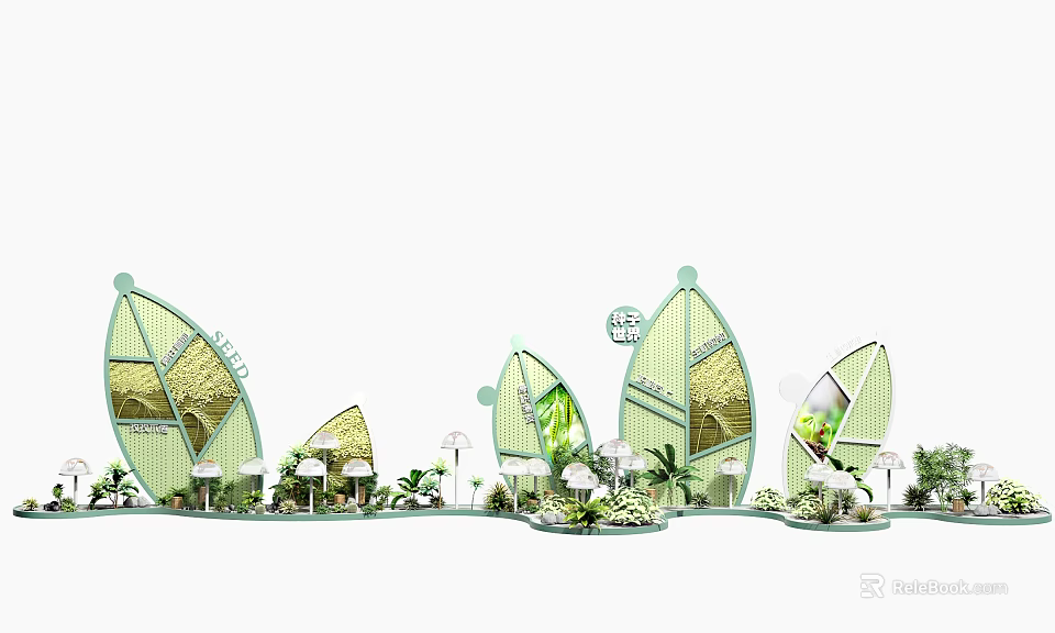 Modern Commercial Display Equipment With Curved Structure And Green Plants For Exhibition 3d model 