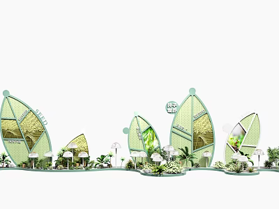 Modern Commercial Display Equipment With Curved Structure And Green Plants For Exhibition 3d model