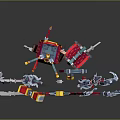 Lego Style Red Mechanical Device With Various Weapons Axes Hammers And Spears