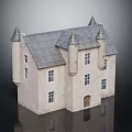 Traditional Stone Castle Building With Gray Roof Turrets Light Colored Walls And Windows