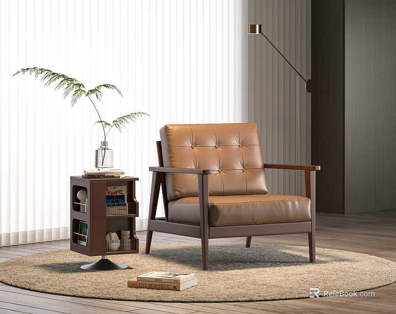 Tufted Brown Leather Lounge Chair With Wooden Armrests Side Table Plant Floor Lamp And Rug 3d model 