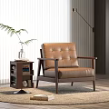 Tufted Brown Leather Lounge Chair With Wooden Armrests Side Table Plant Floor Lamp And Rug